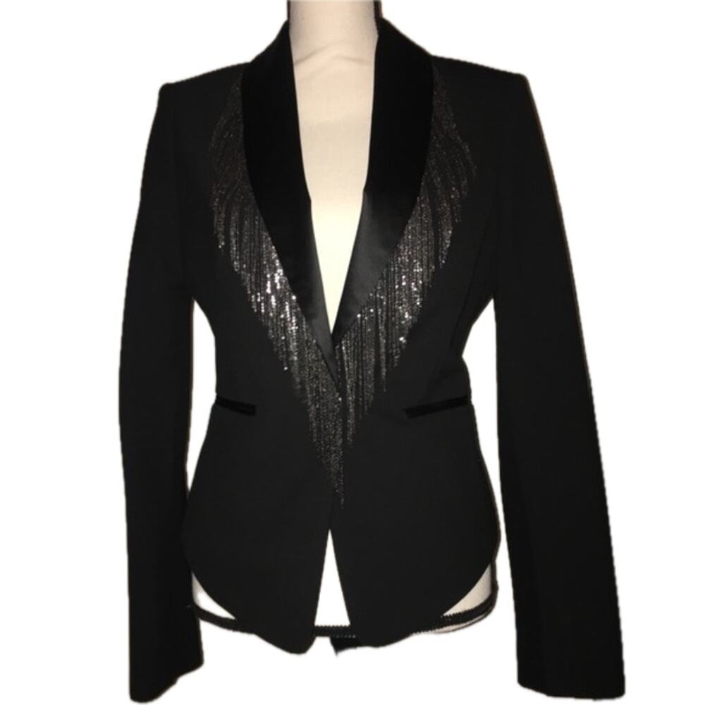 BCBGMaxAzria "Bowie" Fringe Embellished Lapel Blazer Jacket